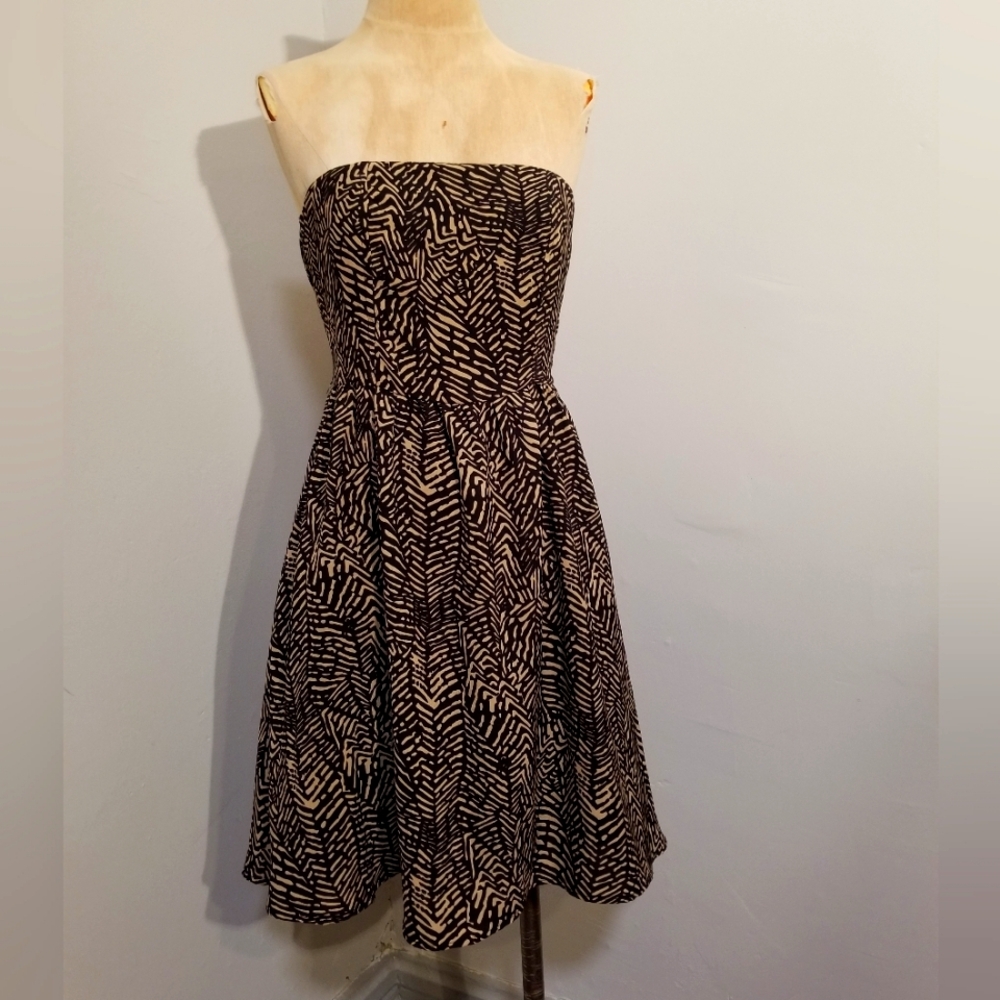 MM COUTURE MISS ME Y2K STRAPLESS GEOMETRIC PRINT DRESS TROPICAL LEAVES PREPPY M